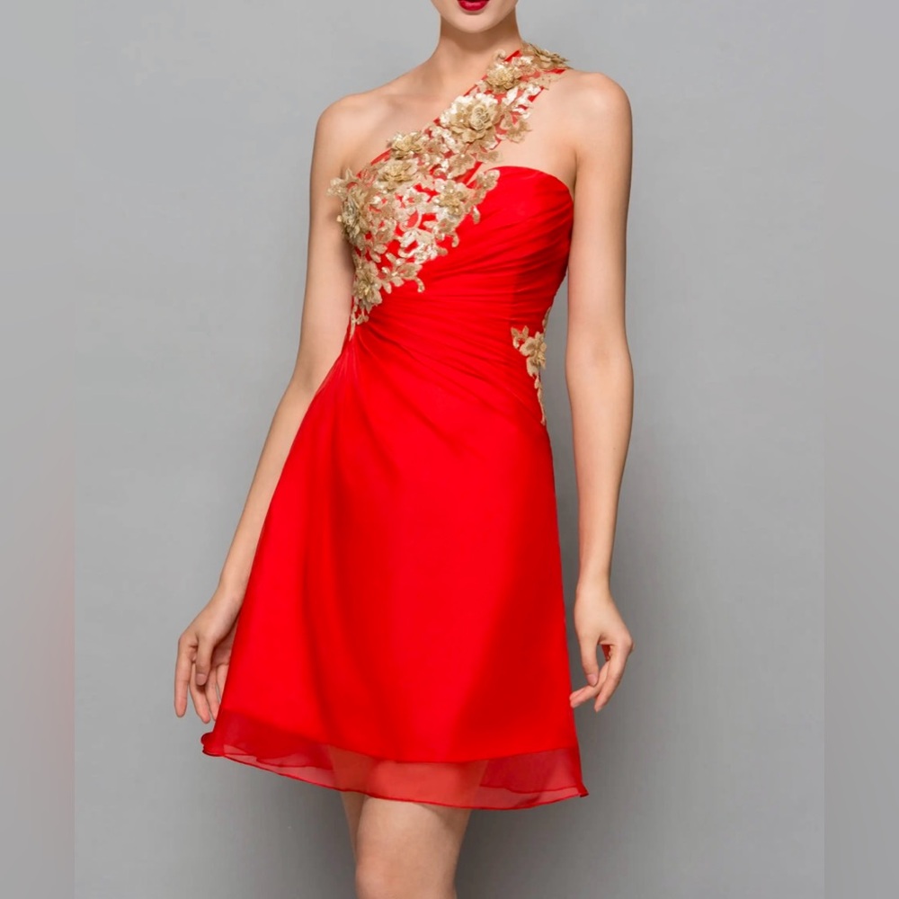 BRIDESS One Shoulder Pageant Prom Cocktail Dress w/ Gold Embroidery Size 4